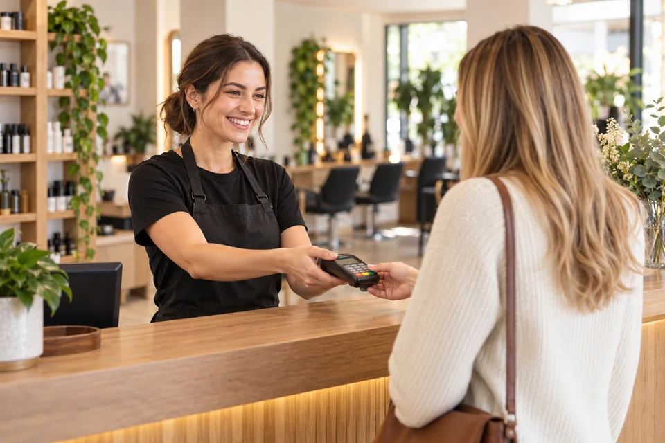 Une professionnelle accueille une cliente au comptoir et lui présente les informations utiles.
