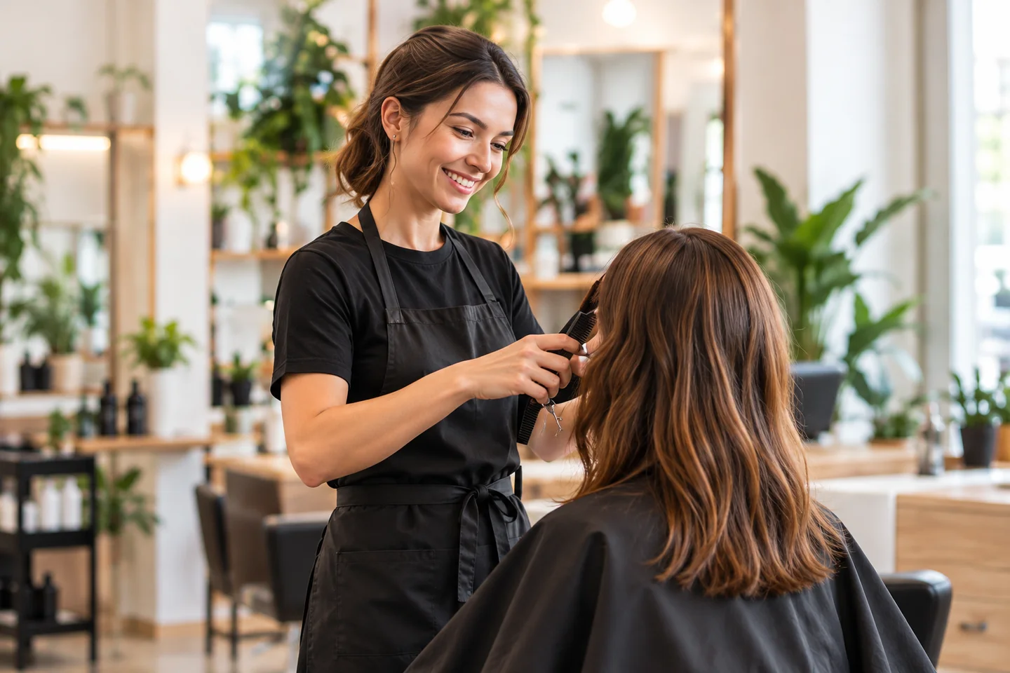 Une coiffeuse échange avec sa cliente tout en réalisant sa prestation dans un salon lumineux.