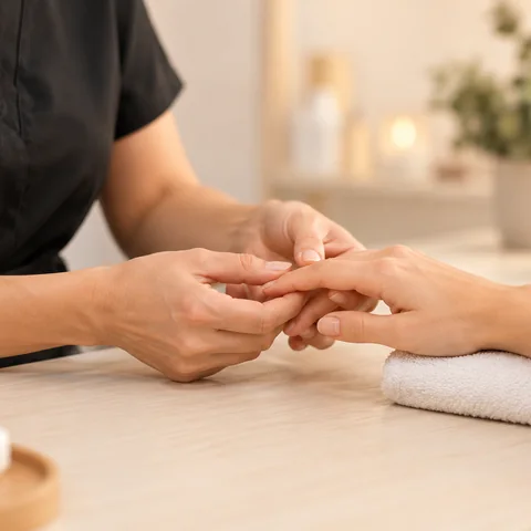 Les mains d’une professionnelle réalisent une prestation sur rendez-vous.