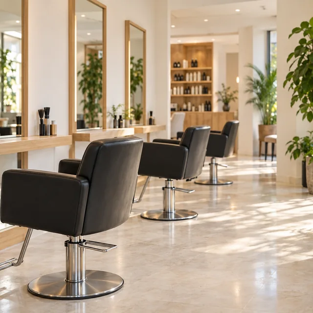 Un salon lumineux avec des postes de coiffure prêts à accueillir les clients.