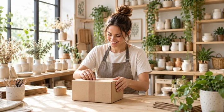 Une commerçante ferme un colis dans son atelier.