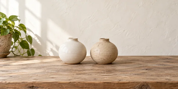 Des vases en céramique claire près d’une plante dans un atelier.