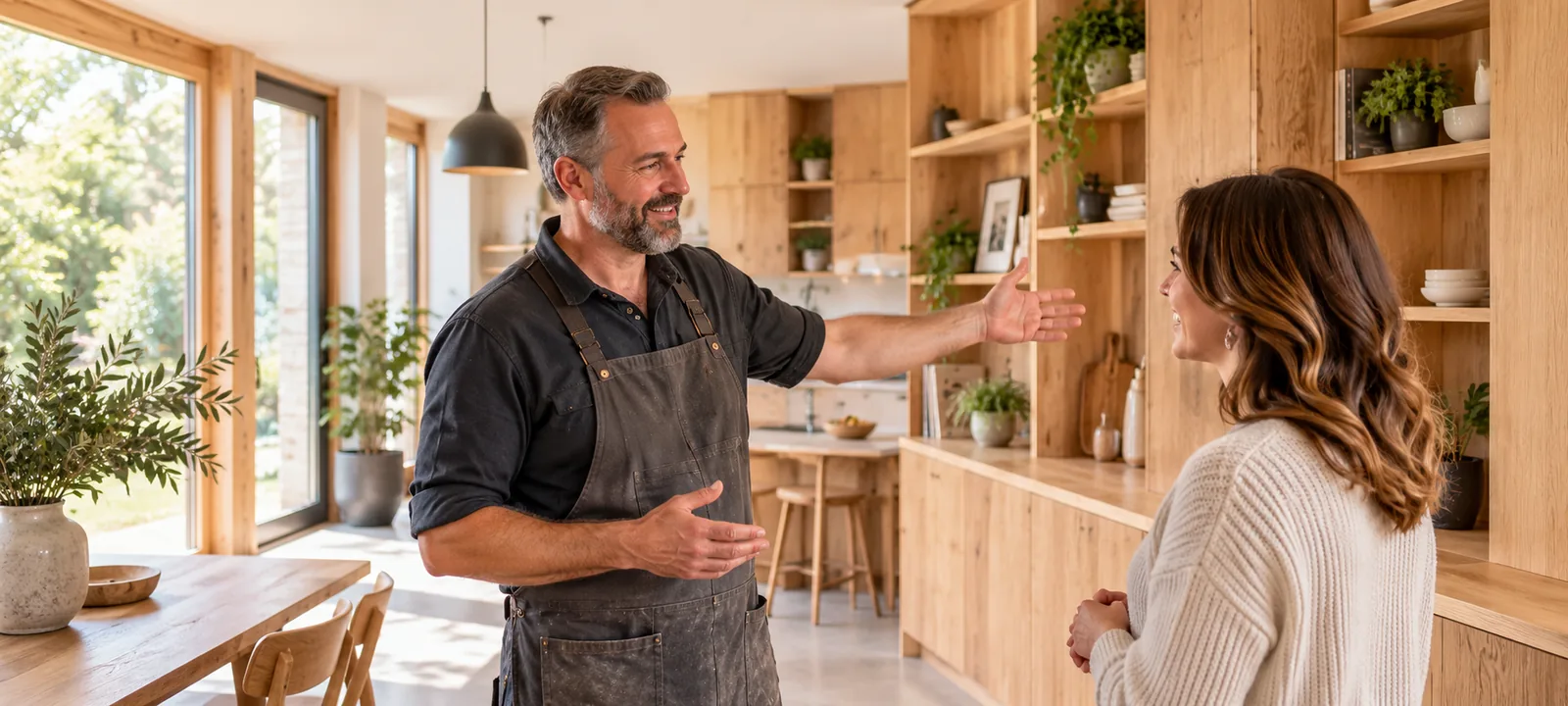 Un artisan présente un aménagement en bois terminé à sa cliente.