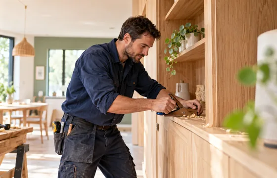 Un artisan travaille dans un intérieur en rénovation.