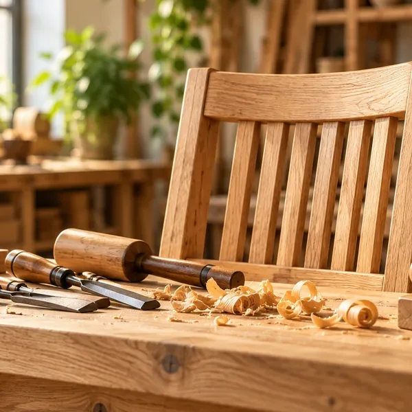 Visuel IA d'une chaise en bois et d'outils, inspiré du contenu d'un avis.