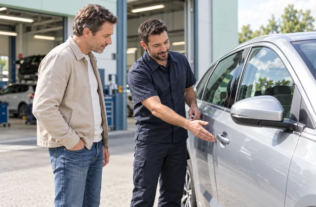 Un technicien et une cliente examinent la carrosserie du véhicule.