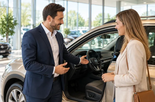Un conseiller remet les clés d’un véhicule à une cliente en concession.