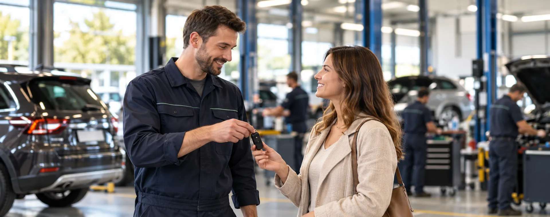 Un conseiller remet les clés à une cliente dans un atelier automobile lumineux.