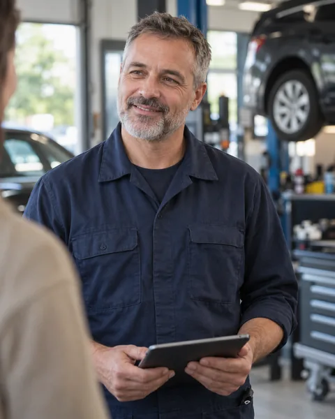 Un conseiller automobile à votre écoute dans son atelier.