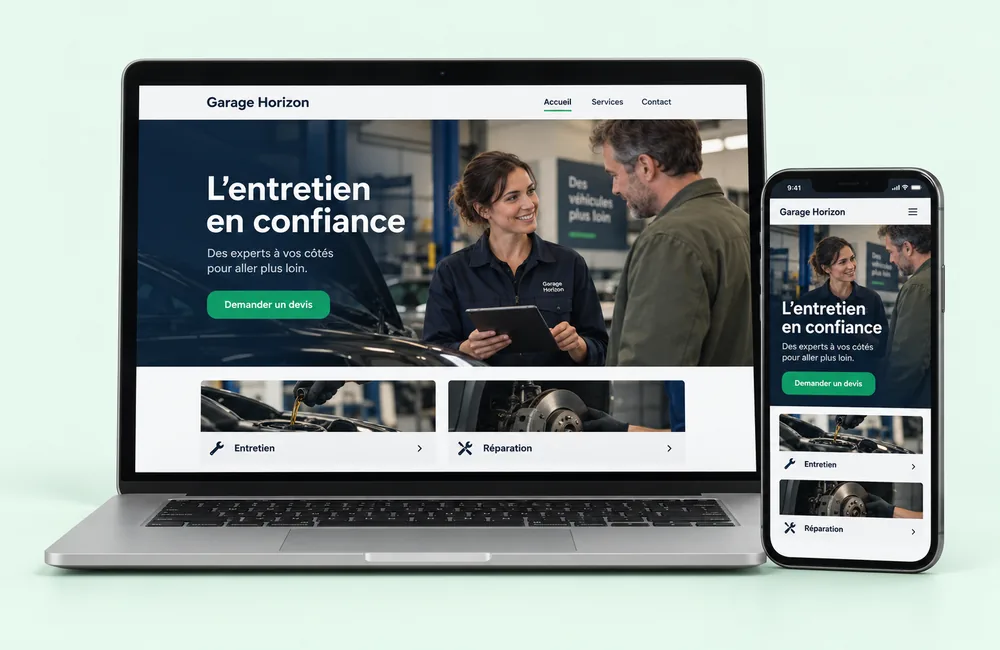 Un site original de garage présenté sur ordinateur et téléphone.