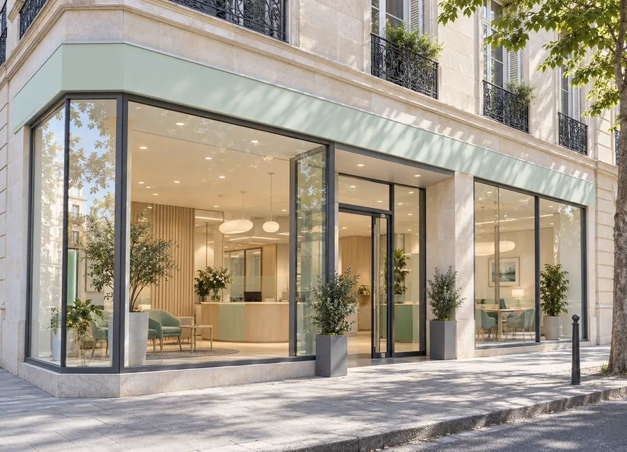 La façade accueillante d’une agence bancaire fictive.
