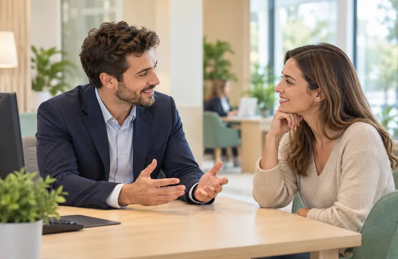 Un conseiller échange avec une cliente lors d’un rendez-vous.