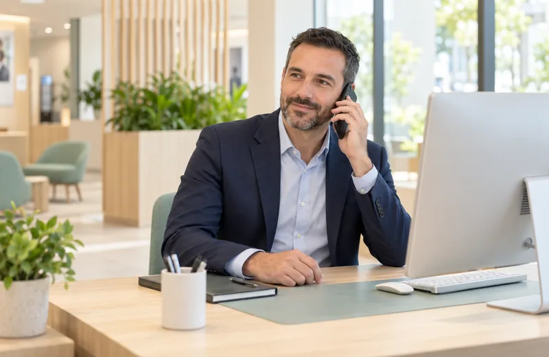 Un conseiller prépare le suivi d’une demande par téléphone.
