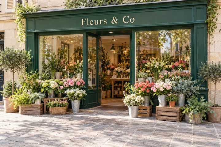 Devanture d'une boutique de fleurs et cadeaux.