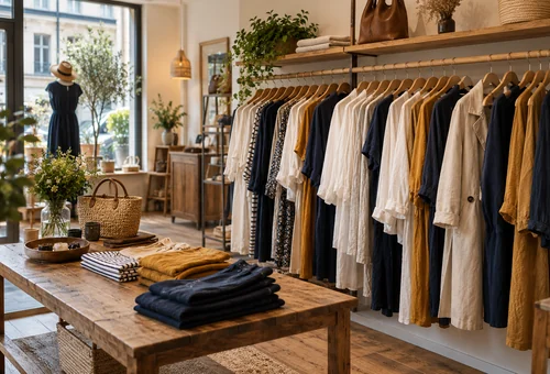 Vêtements et accessoires dans une boutique.