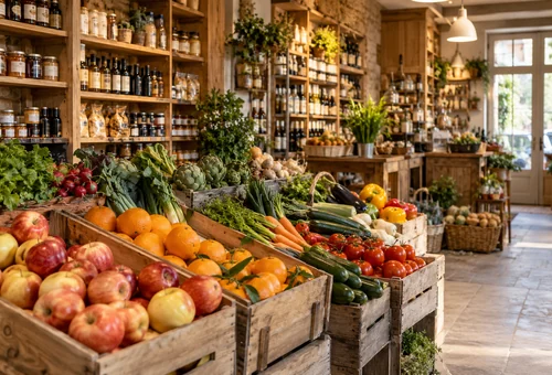 Produits frais dans une épicerie de quartier.