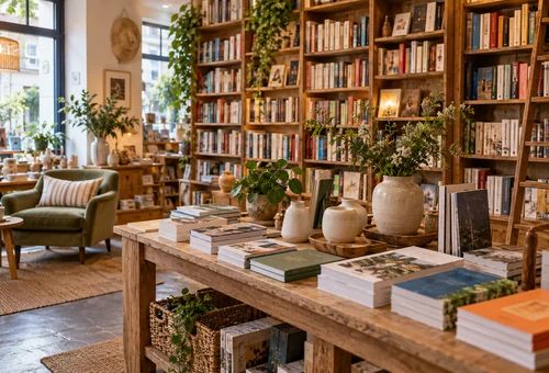 Livres et décoration dans un commerce spécialisé.