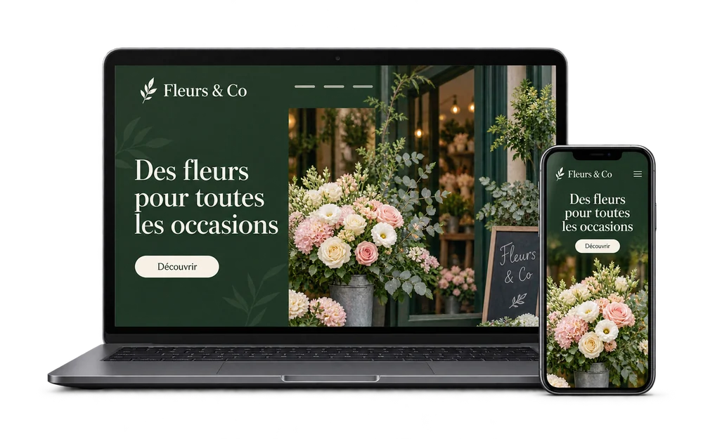 Proposition de site de fleuriste sur ordinateur et téléphone.