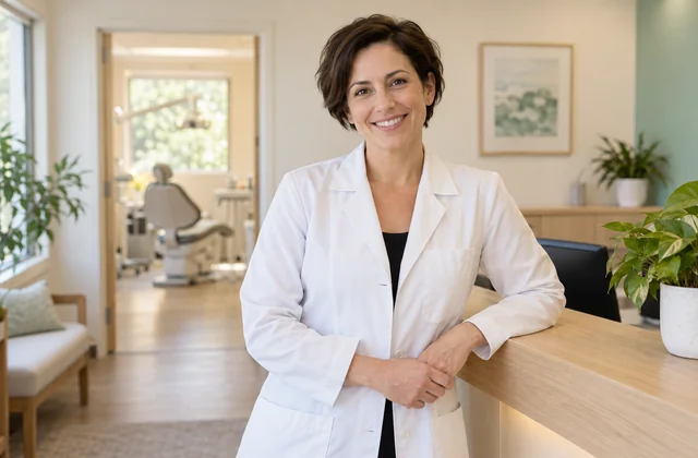 Dentiste indépendante à l’accueil de son cabinet.