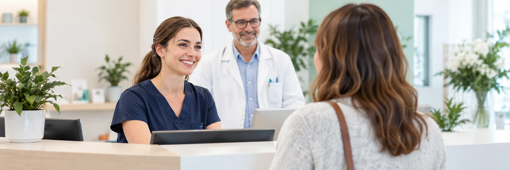 Une patiente accueillie au cabinet par une assistante et un médecin.