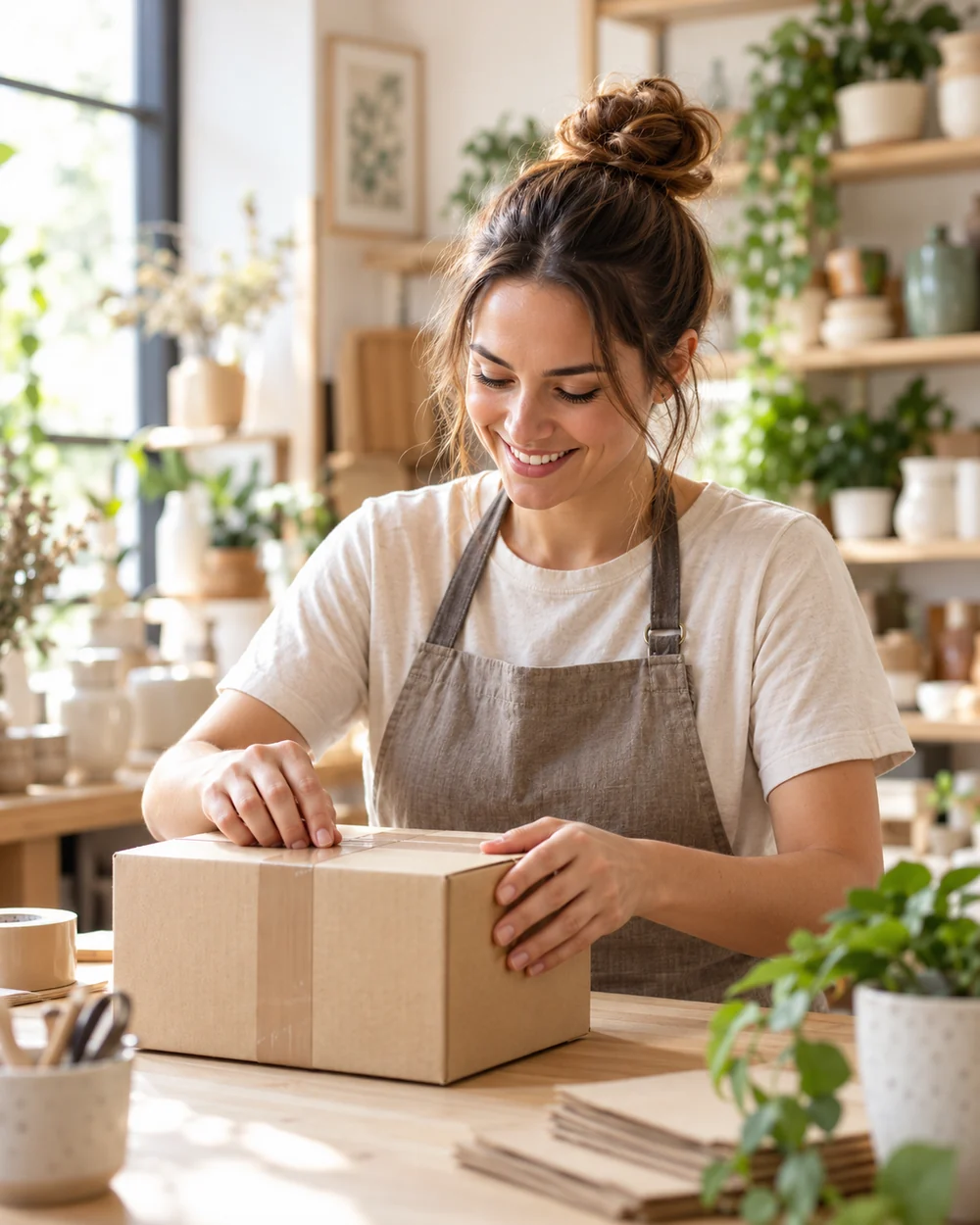 Commerçante préparant un colis dans sa boutique lumineuse