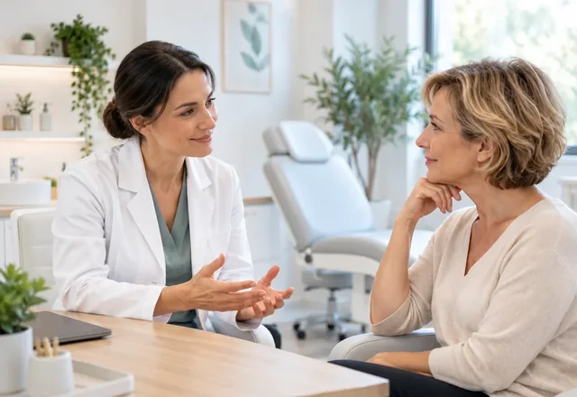 Une médecin explique les prochaines étapes à une patiente.