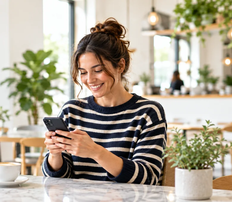 Une cliente souriante utilise son téléphone après sa visite