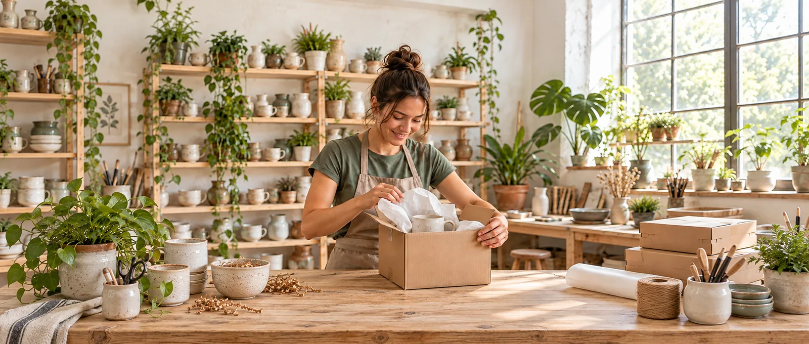 Une entrepreneuse prépare une commande de céramique dans son atelier lumineux.