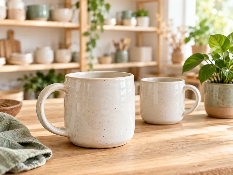 Des tasses en céramique présentées sur une table dans un atelier.