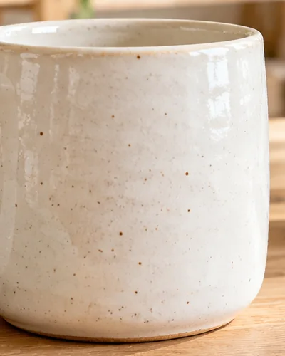 Gros plan de la surface émaillée et mouchetée d’une tasse en céramique.