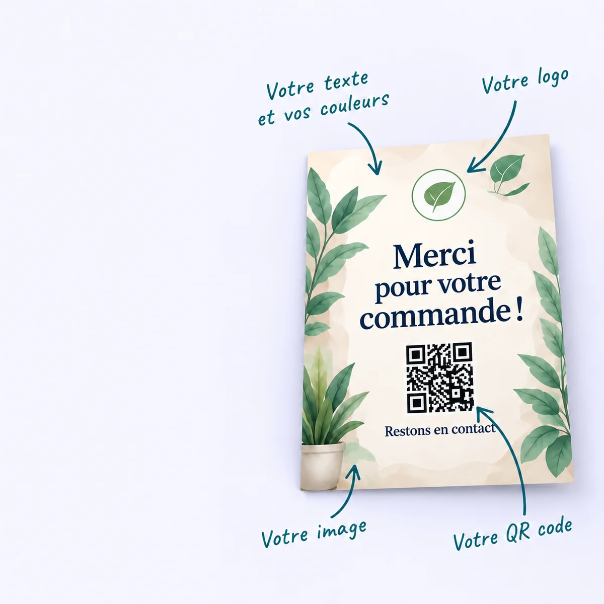Exemple illustratif de flyer avec les emplacements du texte, du logo, de l’image et du QR code annotés.