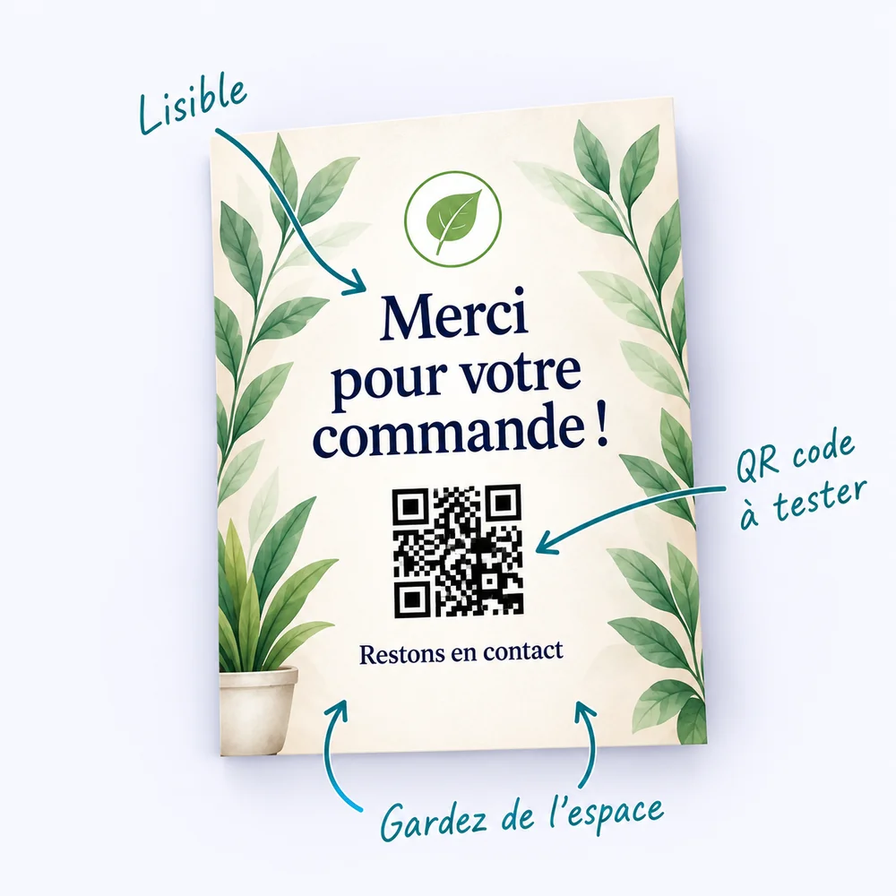 Flyer illustratif annoté : lisibilité du texte, test du QR code et espace à préserver dans les marges.