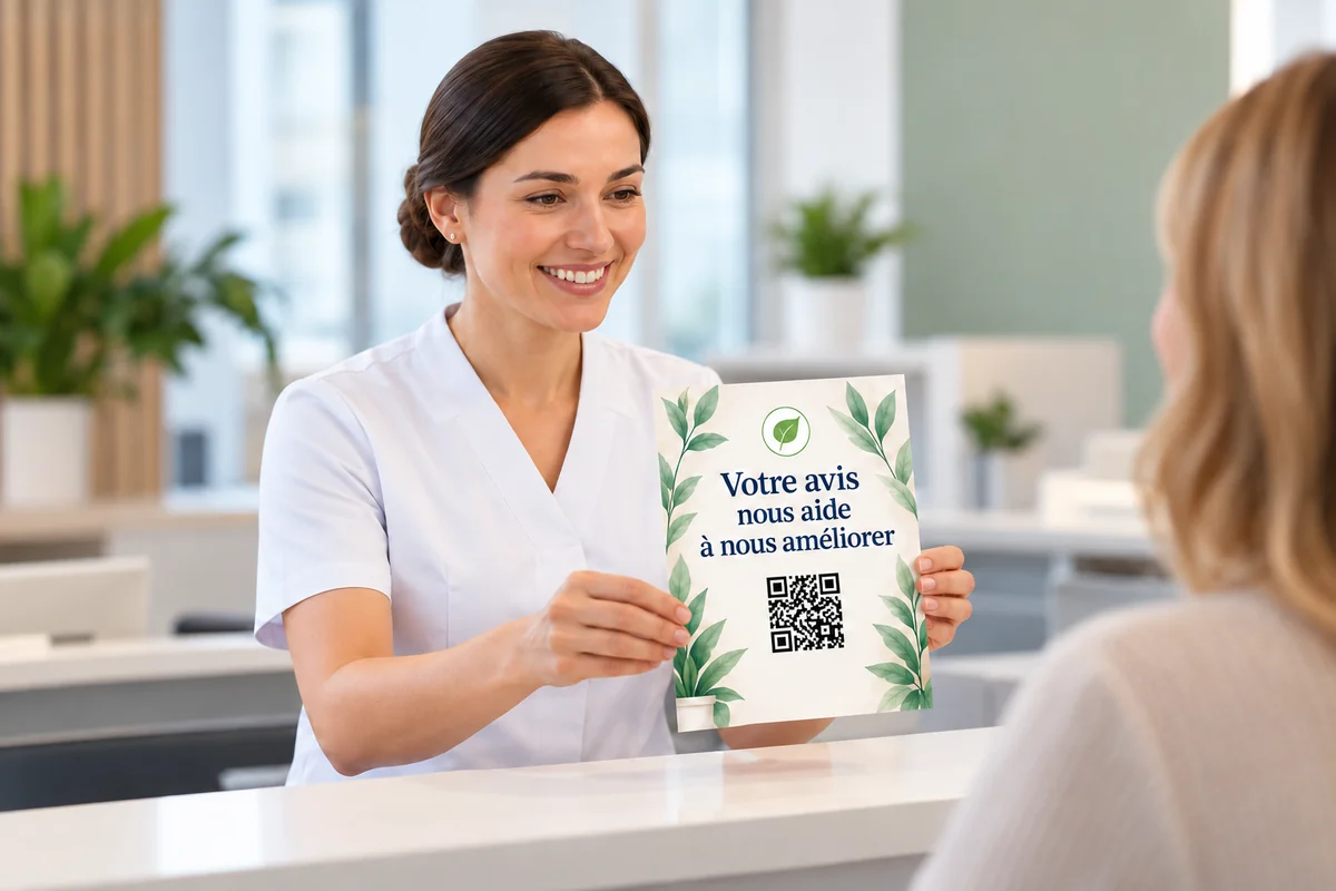 Exemple illustratif : accueil d’un cabinet esthétique et flyer invitant à donner un retour.