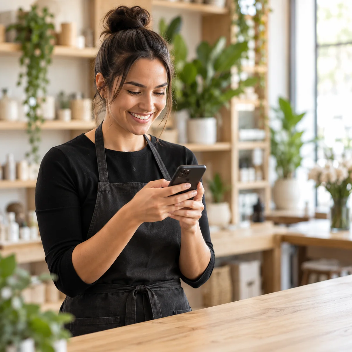 Illustration d’une professionnelle dans sa boutique, souriante en consultant son téléphone.