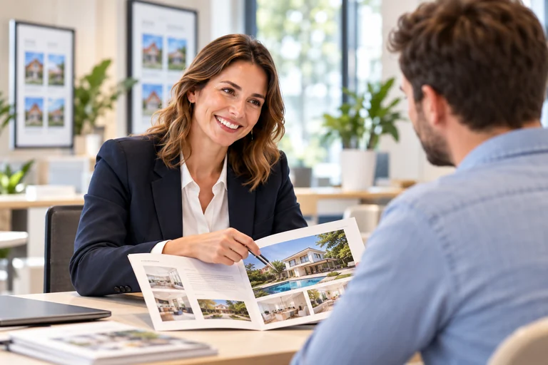 Une agente immobilière présente un dossier de propriété à un visiteur.