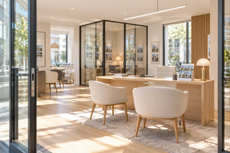 L’accueil d’une agence immobilière, avec un bureau et des fauteuils pour les visiteurs.