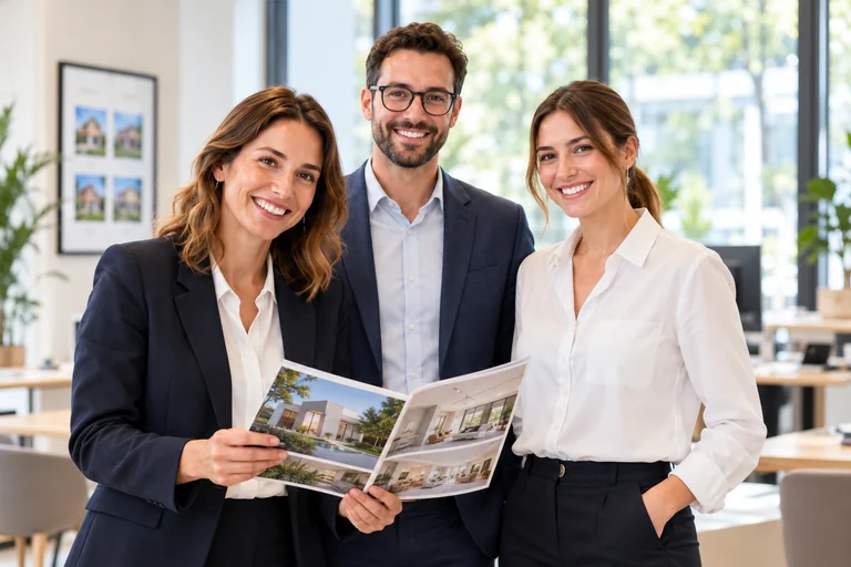 Une équipe de trois professionnels dans une agence immobilière lumineuse.