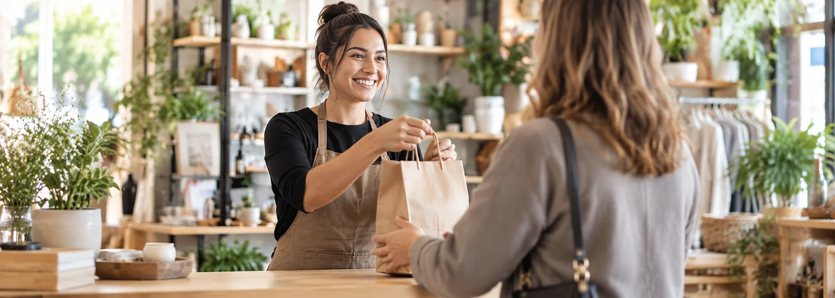 Accueil d’un commerce autour d’un comptoir.