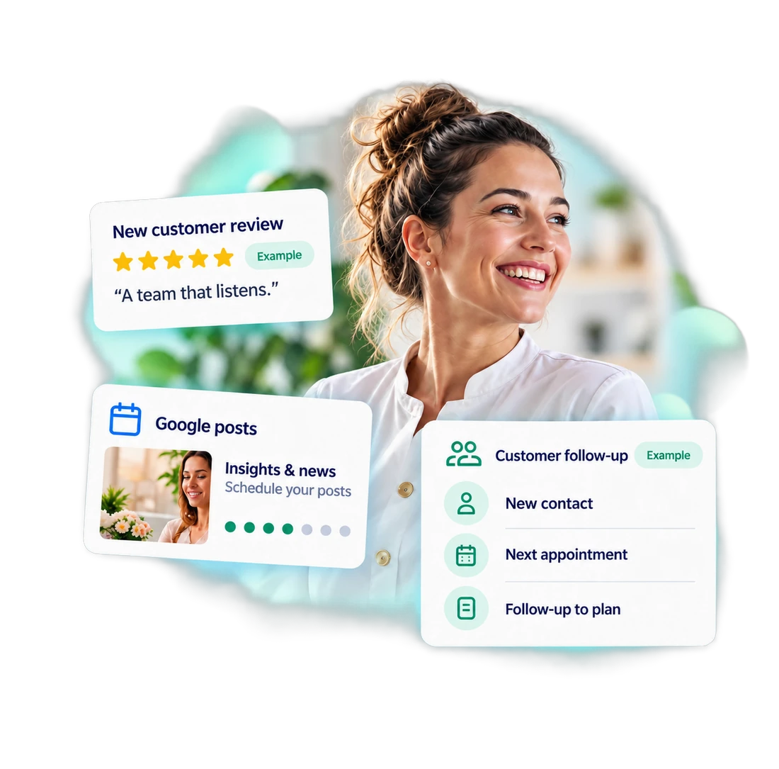 Illustration: a smiling professional with examples of reviews, posts and customer follow-up.