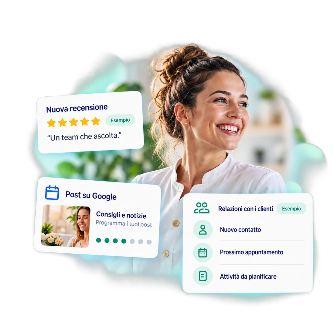 Illustrazione: una professionista sorridente con esempi di recensioni, post e relazioni con i clienti.