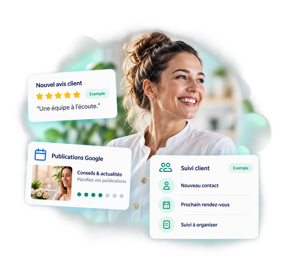 Illustration : une professionnelle souriante et des exemples d’avis, de publications et de suivi client.