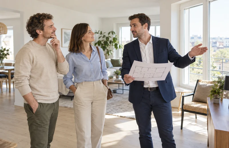 Un agent immobilier accompagne des clients pendant une visite.