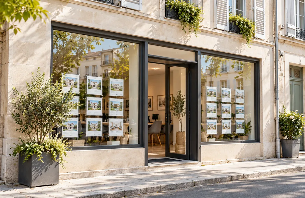 La façade d’une agence immobilière accueillante.