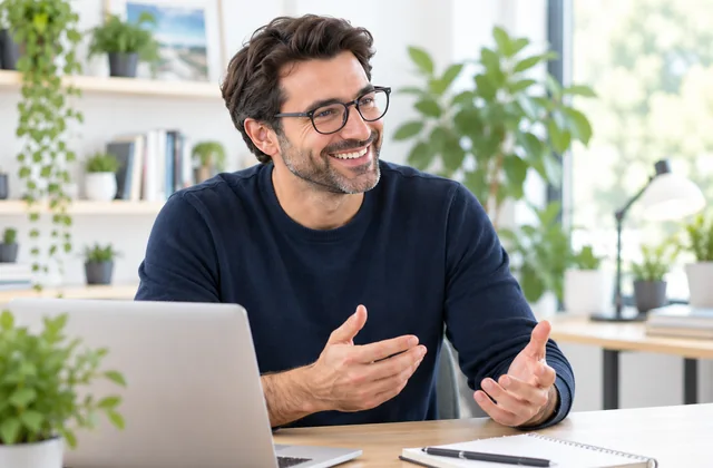 Consultant indépendant avec lunettes dans son espace de travail.