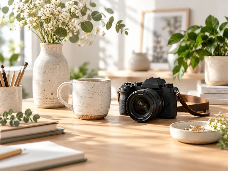 Composition photographique de céramiques, fleurs et appareil photo dans un studio lumineux.