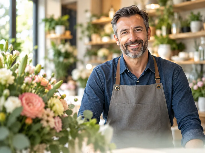 Un commerçant dans sa boutique de fleurs.