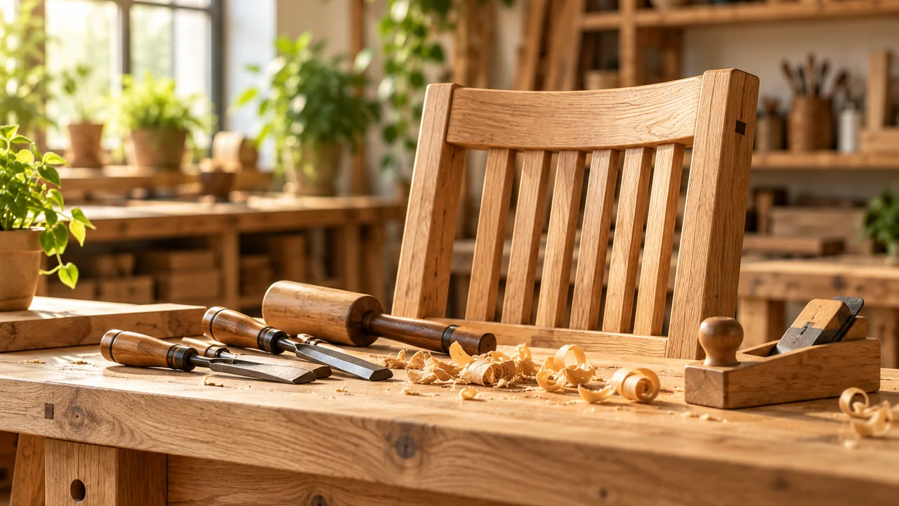 Chaise artisanale en bois et outils sur un établi.