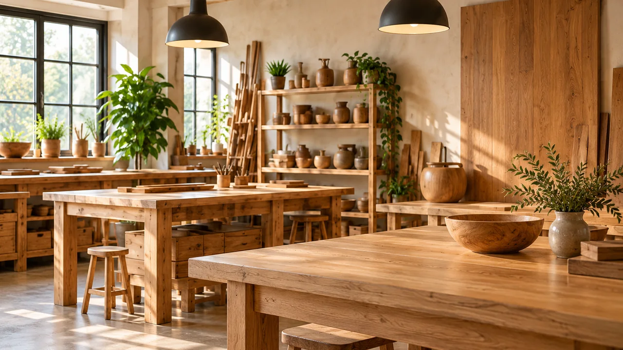 Atelier et showroom de mobilier en bois, sans personne.