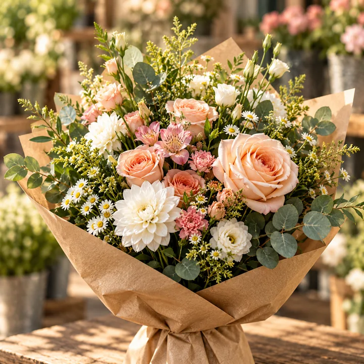 Bouquet de roses pêche et de fleurs blanches dans une publication illustrative.