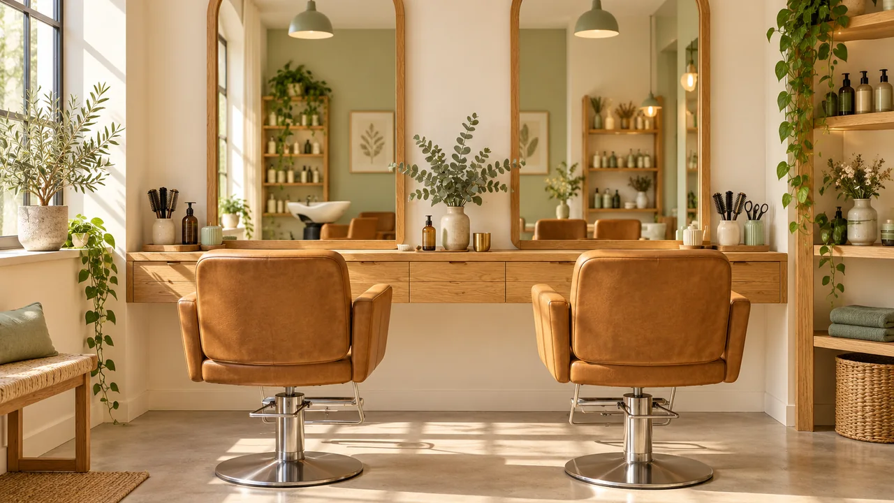Un salon de coiffure lumineux prêt à accueillir ses clients.